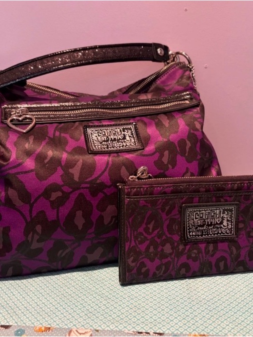 Coach F20060 Poppy Daisy Ocelot Print Convertible Hobo Bag w matching Wallet